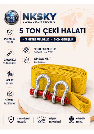 5 Ton Araç Çekme Halatı 3 Metre 5 Cm Ce Belgeli Omega Kilitli Çelik Mapalı Oto Çeki Halat Araç Kurtarma Halatı Sarı
