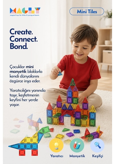 Magly Mini Tiles - Seyahat Boy Manyetik Yapı Blokları - Çocuklar İçin Metal Kutulu 32 Parça Mini Manyetik Oyun Seti
