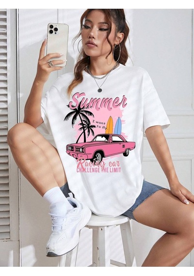 Flood Of Style Kadın Beyaz Summer Racing Car Baskılı Oversize T-shirt