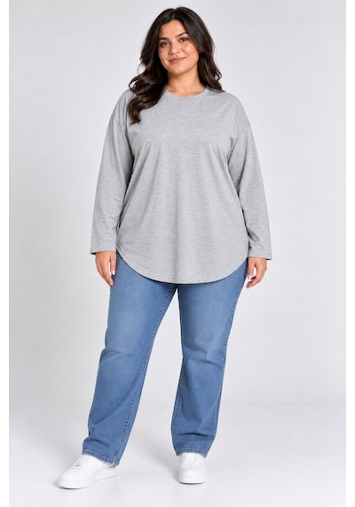 Superlife Süperlife Kadın Büyük Beden Bisiklet Yaka Süprem İnce Uzun Kollu Oval Etek Uçlu Tunik Tişört Spr26btk992 Grey Melange