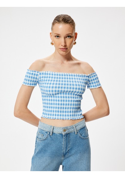 Koton Omzu Açık Tişört Gipeli Kısa Kollu Slim Fit Mavi Ekose 4sak50689ek Mavi