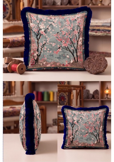 Sakura Çiçek Bahçesi Saçaklı Yastık Kılıfı - Uzakdoğu Gri Pembe Lacivert Püsküllü Kırlent Kılıfı Sessiz Vadi Saten Sakura Çiçek Bahçesi Saçaklı Yastık Kılıfı - Uzakdoğu Gri Pembe Lacivert Püsküllü Kırlent Kılıfı Sessiz Vadi Saten