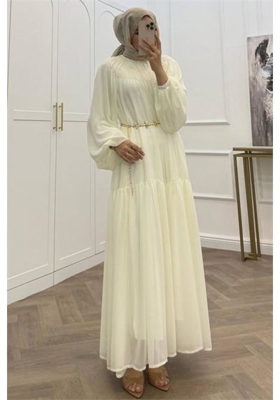 Neşeli Butik Kadın Beyaz Balon Kol Astarlı Kuşak Detaylı Şifon Tesettür Elbise ---- Nms095 Neşeli Butik Kadın Beyaz Balon Kol Astarlı Kuşak Detaylı Şifon Tesettür Elbise ---- Nms095