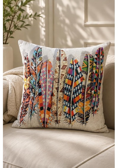 4'lü Set Bohem Etnik Tüy Motifli Dekoratif Kırlent Kılıfı 43x43 Cm - Renkli Dijital Baskılı Salon Yastık Kılı Diğer
