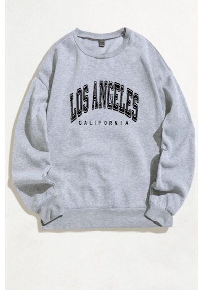 Los Angeles California Sweatshirt - Gri Baskılı Oversize Kışlık Kalın Bisiklet Yala Gri