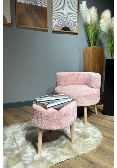Berlin Çay Seti Pembe Rengi Berjer Ve Puf Takımı Salon, Ofis, Balkon - 2'li Takım