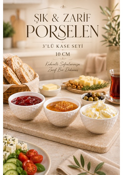Porsima Dora 3'lü Porselen Çerezlik & Sosluk Seti 10 Cm - Kabartmalı Puantiyeli İkramlık Yok