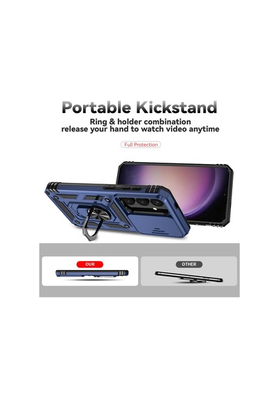 Samsung Galaxy S25 Plus Uyumlu Kamera Sürgülü Tank Kılıf Ve Temperli Cam Ekran Koruyucu Set Lacivert