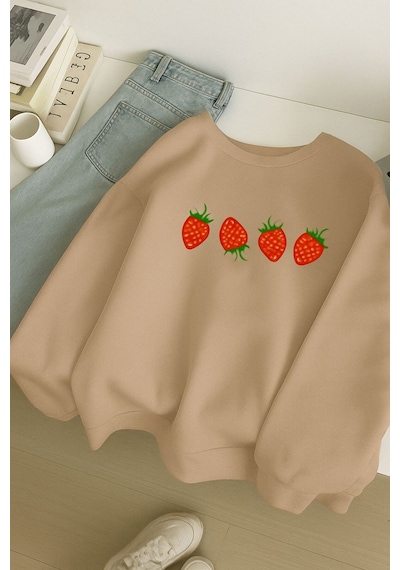 Benroma 3 İplik Penye Çilek Baskılı Unisex Sweatshırt Bej