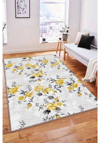 Sarı Çiçekli Kaymaz Tabanlı Makinede Yıkanabilir Halı Bh006n11