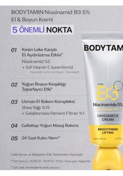Bodytamin Niacinamide B3%5 El Ve Boyun Kremi Masaj Başlık Aydınlatıcı Sıkılaştırıcı Nemlendirici 60 Ml