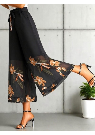 Efnaz Style Kadın Yüksel Bel Belinde Kuşak Detaylı Çiçek Baskılı Astarlı Şifon Pantolon Bej