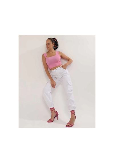 Kene Jeans Paça Lastik Kargo Cep Keten Mom Pantolon Beyaz