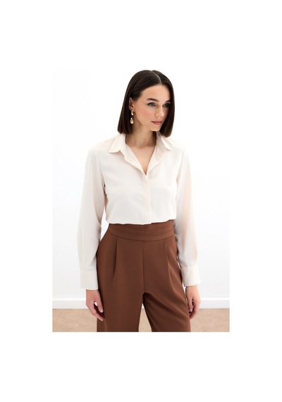 Sateen Klasik Düz Gömlek - Bej