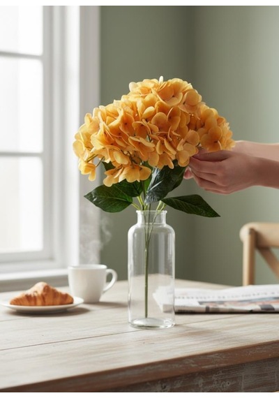 Yapay Çiçek Islak Ortanca Çiçeği Somon 45cm 5dal Islak Gerçeksi Dokulu Turuncu