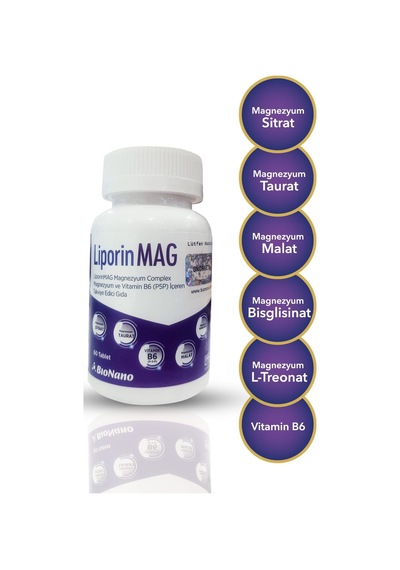 Liporinmag Magnezyum Complex Sitrat, Malat, Bisglisinat, Taurat, L-treonat B6 200 Mg 60 Tablet