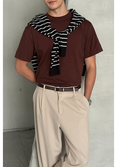Hyman Erkek %100 Pamuk Oversize Basic T-shirt Koyu Kahve