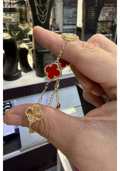 Kırmızı Taşlı Yonca Bileklik