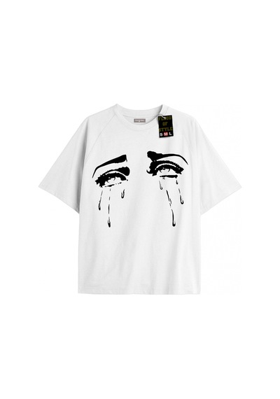 Tarzsokak Beyaz Oversize T-shirt Ağlayan Gözler Özel Tasarım