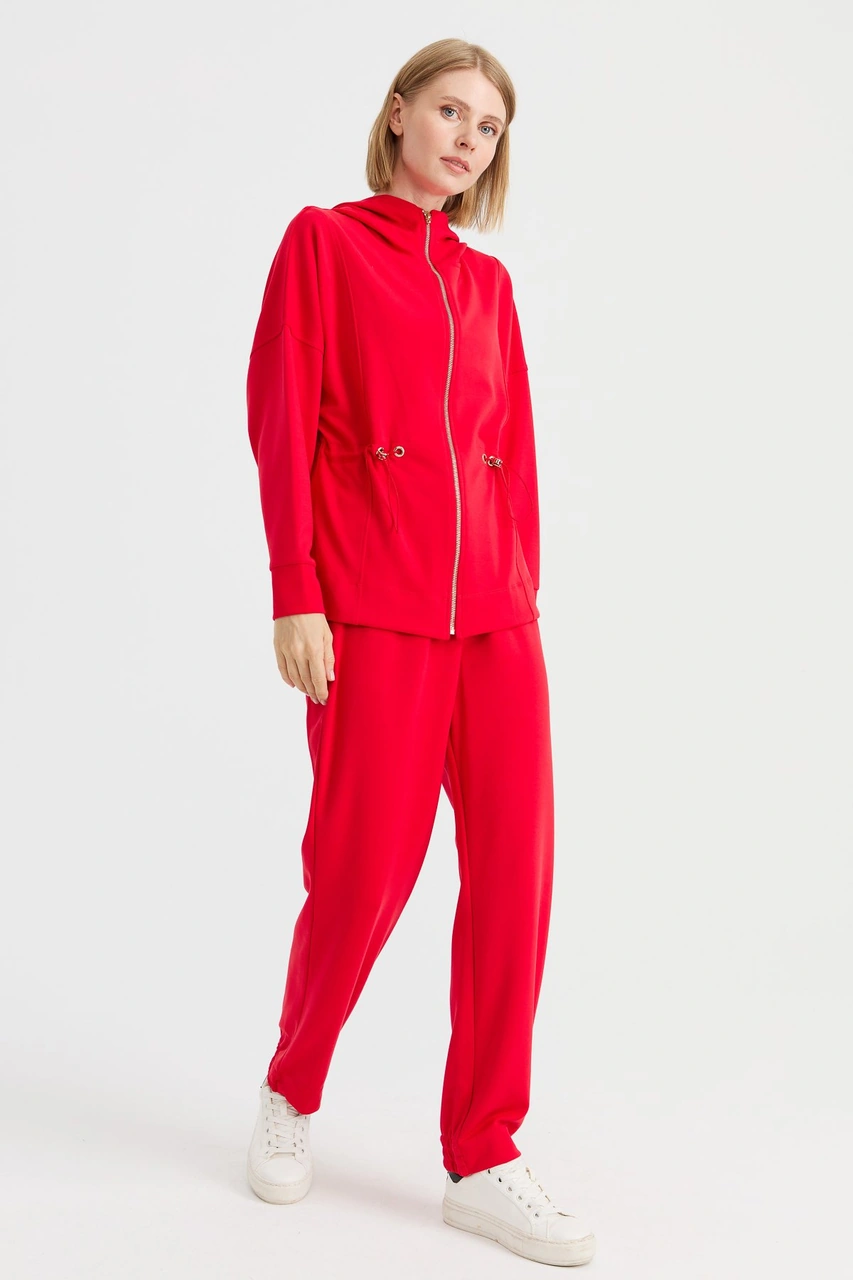Kadın Kapüşonlu Beli Büzgülü Sweat Kırmızı Kırmızı