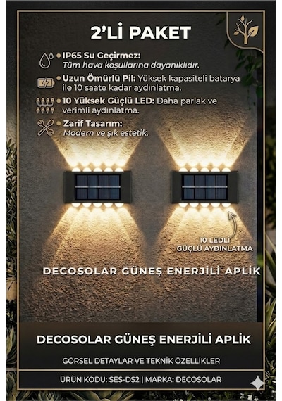 2li Set Gunes Enerjili Duvar Apligi 10 Ledli Su Gecirmez Dis Mekan Solar Aydinlatma Seti