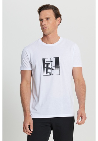 AC&Co / Altınyıldız Classics Erkek Beyaz Pamuklu Slim Fit Dar Kesim Baskılı Esnek Tişört Beyaz