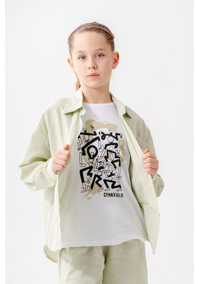 Giyicem Kız Çocuk Yan Pileli Gömlek T-shirt İkili Takım 1809 Yeşil