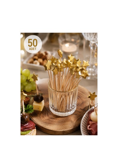 Gold Yıldızlı Bambu Kürdan 12 Cm 50 Adet - 913958677