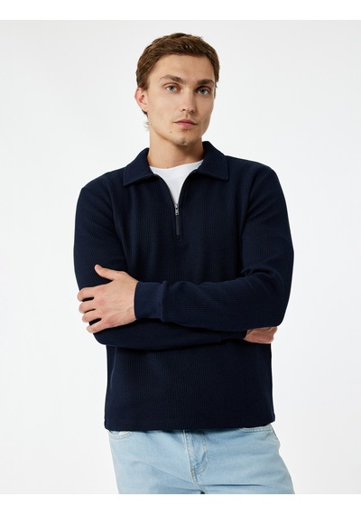 Koton Uzun Kollu Yarım Fermuarlı Polo Yaka Sweatshirt Lacivert 7wam70010mk