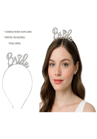 Gümüş Renkli Taşlı Bride Gelin Tacı El Yazısı Yazı Tipiyle 2 "
