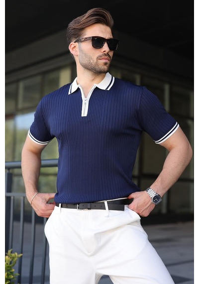Madmext Lacivert Yarım Fermuarlı Polo Yaka Triko Erkek Tişört E7501