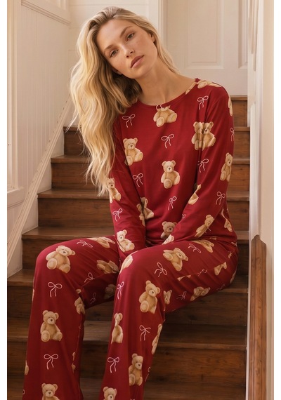 Siyah İnci Desenli Termal Kumaşlı Ultra Soft Yumuşak Örme Pijama Takımı 26226319 Kırmızı