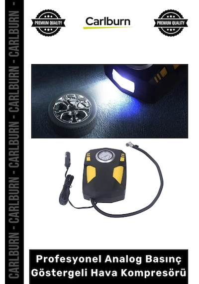 Özel Üretim Oto 12v Çakmaklık Girişli Güçlü Led Fenerli Profesyonel Analog Basınç Göstergeli Hava Ko