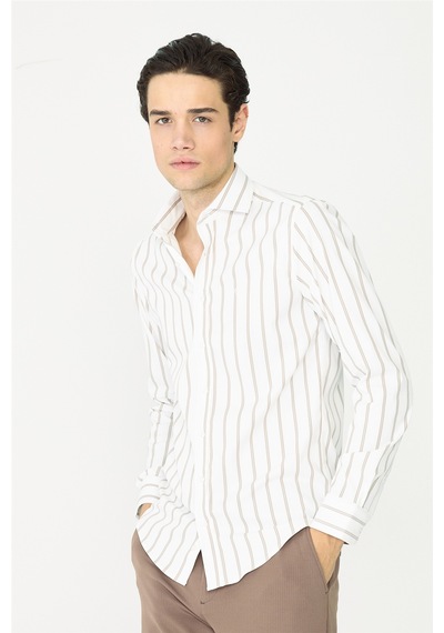 Bej Çizgili Uzun Kollu Gömlek Slim Fit Beyaz-kahve