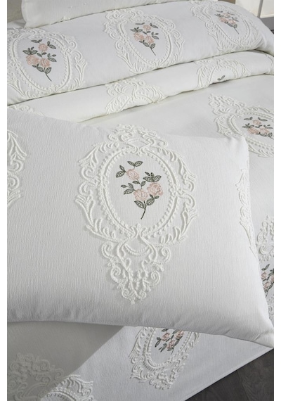 Gardenlove Nakışlı Şönil 3 Parça Çift Kişilik Yatak Örtüsü Krem Krem