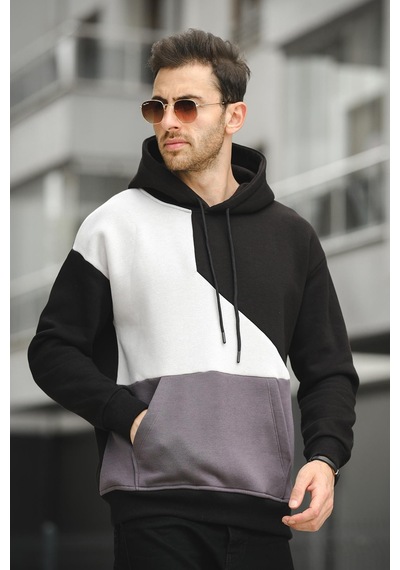 Placide Üç İplik Pamuklu Parçalı Kapüşonlu Erkek Sweatshirt 001