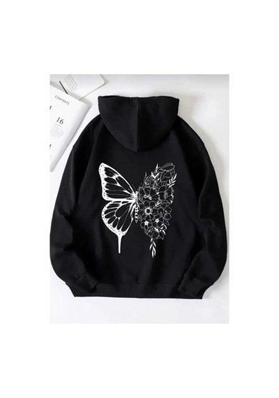 Medinenur Unisex Siyah Kelebek Baskılı Kapüşonlu Sweatshirt siyah