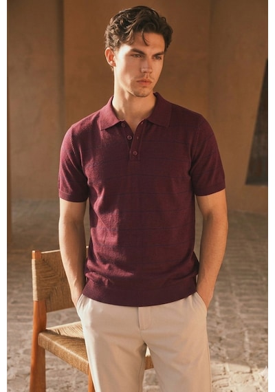 Tarz Cool Erkek Old Money Çizgili Polo Yaka Triko Tişört Slim Fit Bordo