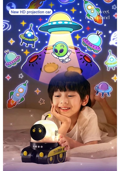 Buğz Robot Projeksiyon Gece Lambası Hoparlörlü Şarjlı Yıldızlı Gökyüzü Temalı Led Projeksiyon Lambası