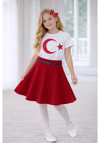 Dıgıl Kids Kız Çocuk Etek Takım Ay Yıldız T-shirt 23 Nisan Gösteri Kıyafeti Kırmızı - Beyaz6