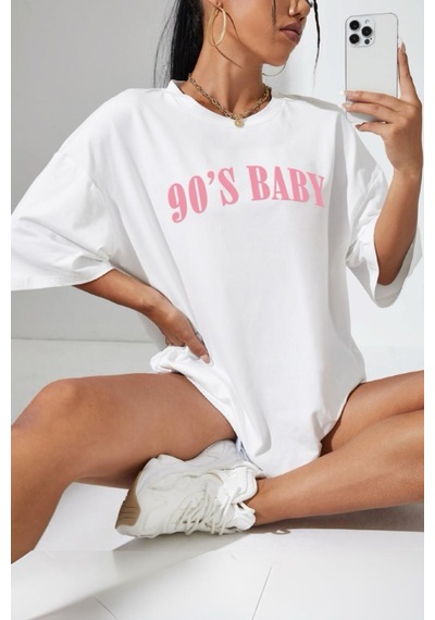 90's Baby Ön Baskılı Bisiklet Yaka Kadın Oversize Tshirt 001