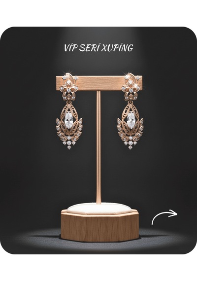 Vip Seri Küpe Xuping Çiçekli Telkari Tasarım Taşlı Rose Altın Kaplama 2,5cm Rose Gold