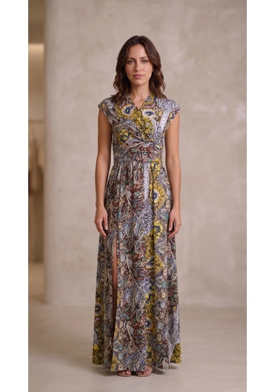 Alyn Wear Kadın Omuzlardan Açık Yakadan Çapraz Geçme Detaylı Yırtmaçlı Desenli Uzun Süprem Elbise Sarı Alyn Wear Kadın Omuzlardan Açık Yakadan Çapraz Geçme Detaylı Yırtmaçlı Desenli Uzun Süprem Elbise Sarı