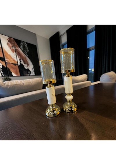 Premium Gold & Mermer Şamdan İkili Set Altın