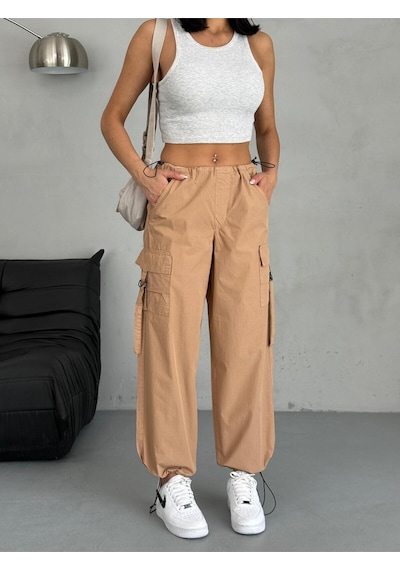 Paraşüt Kumaş Kargo Cepli Pantolon Kahverengi+camel