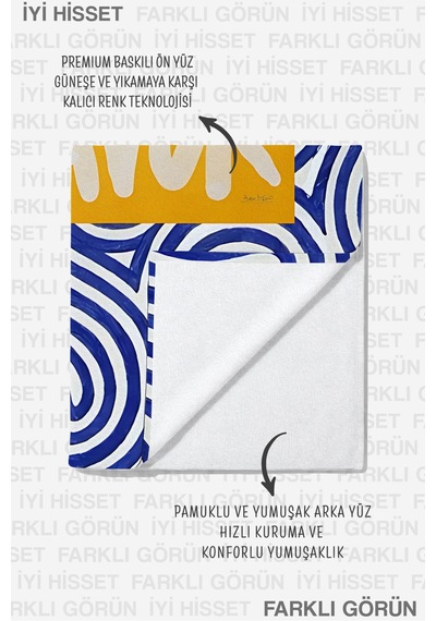 Mavi Beyaz Yazı Tipografik Plaj Havlusu - Akdeniz Sarı Marine Soyut Hızlı Kuruyan Mikrofiber Havlu Sisli Bahçe