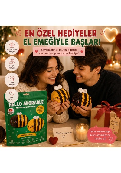 Bakgelal Hello Adorable Amigurumi Arı Yapım Kiti 2 Adet Bff Kendin Yap Hobi Seti, Türkçe Anlatımlı