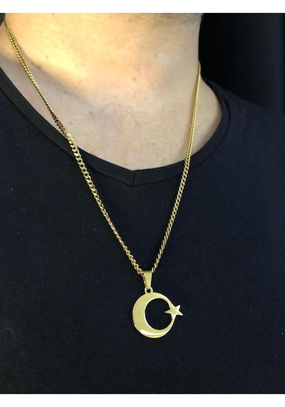 Vog 2 Cm Ay Yıldız Türk Bayrağı Sevgiliye Eşe Babaya Arkadaşa Hediye Sarı Çelik Kolye Sarı