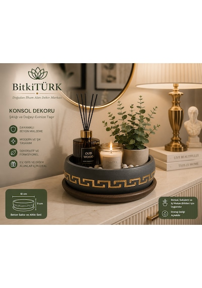 Dekoratif Desenli Beton Bonsai Saksısı Ve Altlık Seti 18 Cm Sukulent Ve İç Mekân Bitkileri İçin El Yapımı Saksı -