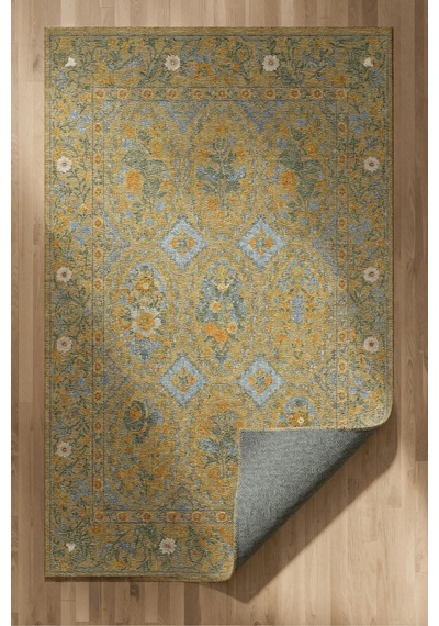 Floris 233 Sarı Turuncu Yeşil Çiçekli Bordürlü Eskitme Desenli Dokuma Şönil Bohem Vintage Oda Halısı